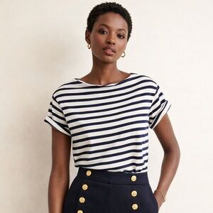 100% Cotton Navy and White Striped Roll-Sleeve Top